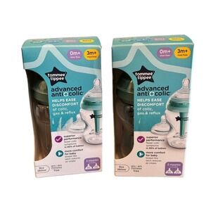 New Tommee Tippee Advanced Anti-Colic Bottles 9oz 2 pack & 2 Nipples Slow & Med